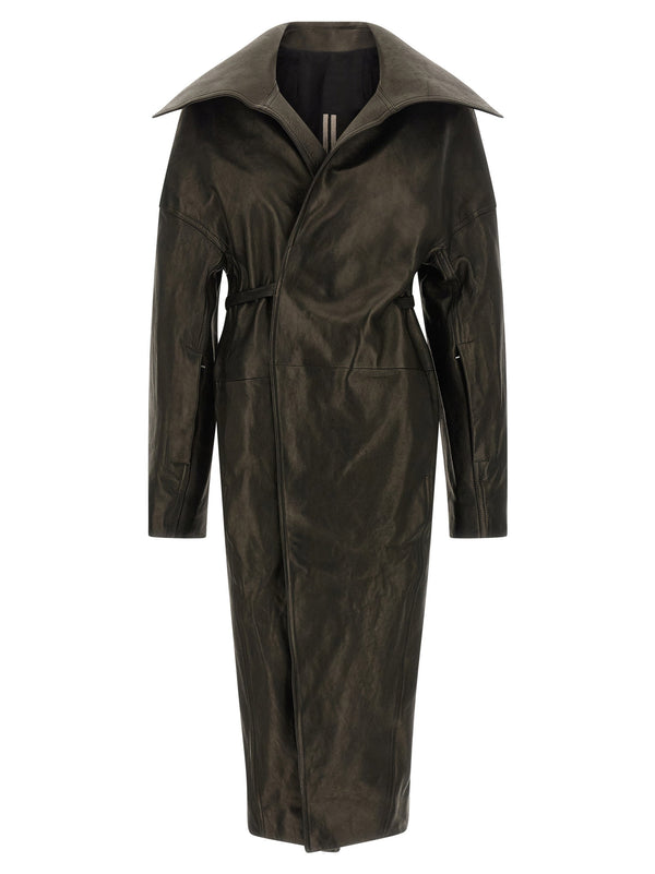 Rick Owens Dracucollar Architectural Belted Coat for Women with Hourglass Silhouette and Wax Patina