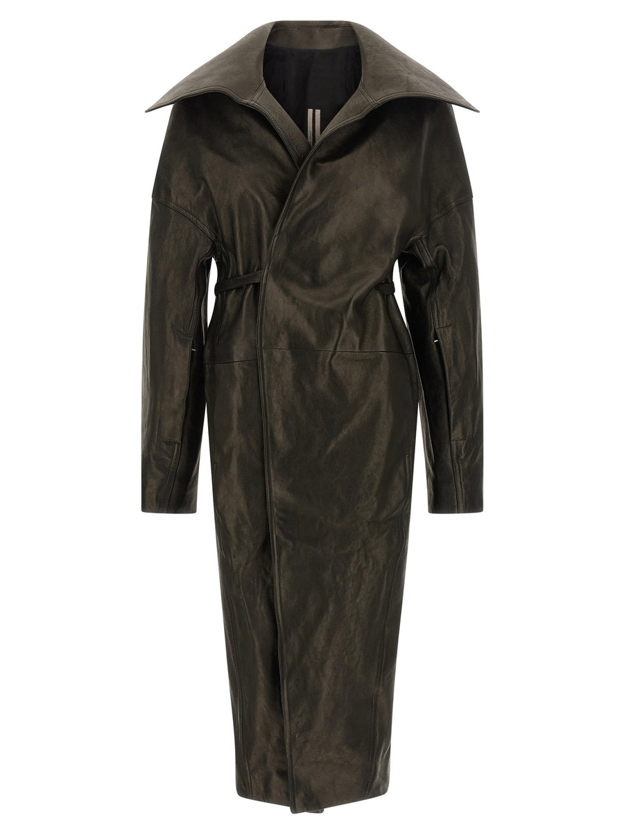 Rick Owens Dracucollar Architectural Belted Coat for Women with Hourglass Silhouette and Wax Patina