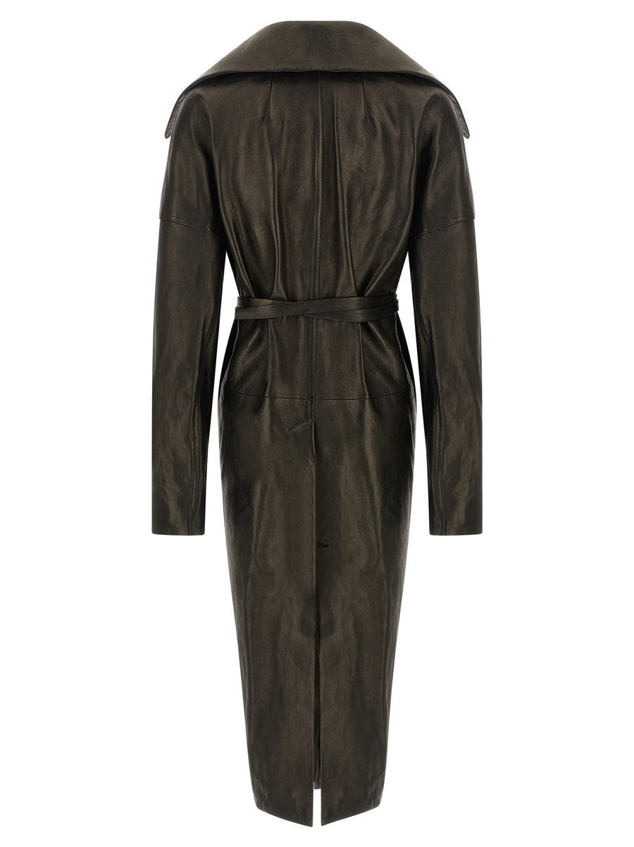 Rick Owens Dracucollar Architectural Belted Coat for Women with Hourglass Silhouette and Wax Patina