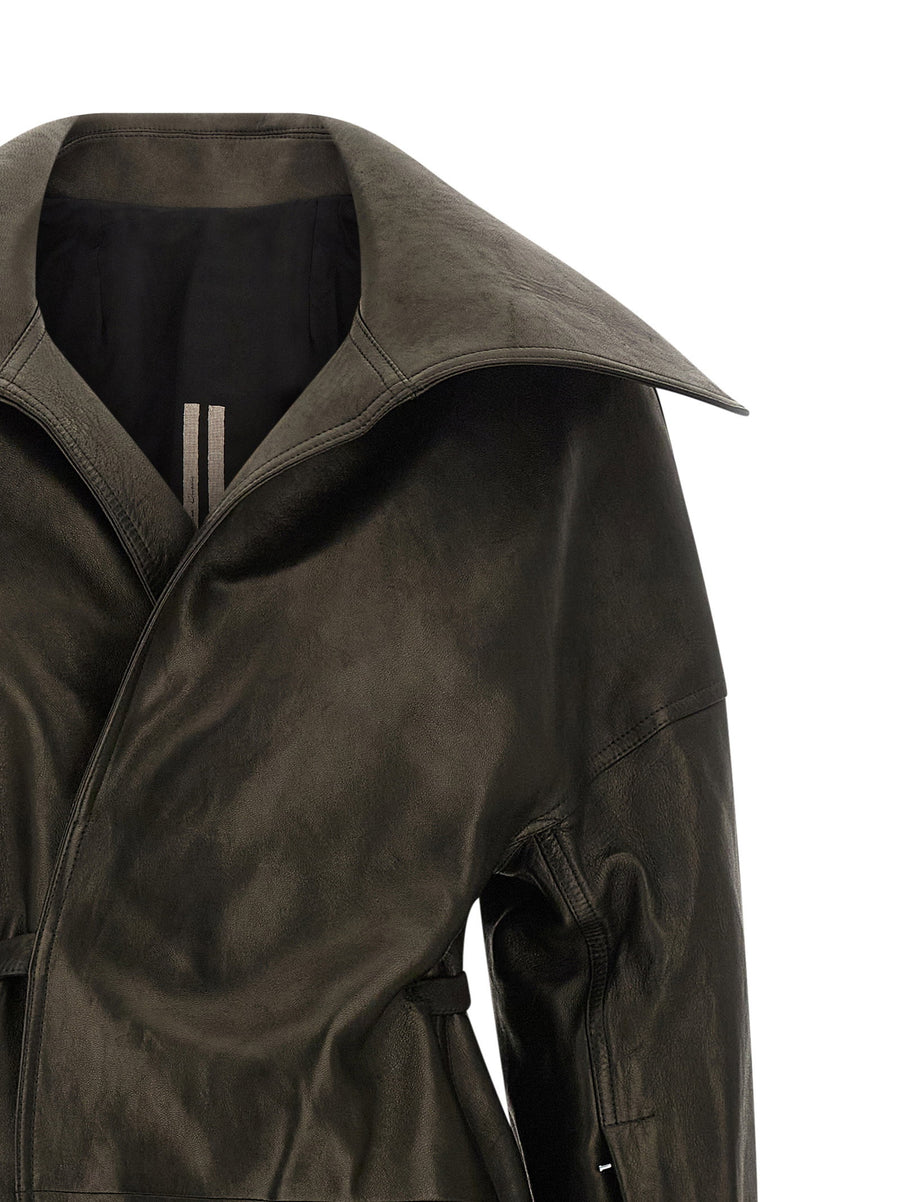 Rick Owens Dracucollar Architectural Belted Coat for Women with Hourglass Silhouette and Wax Patina
