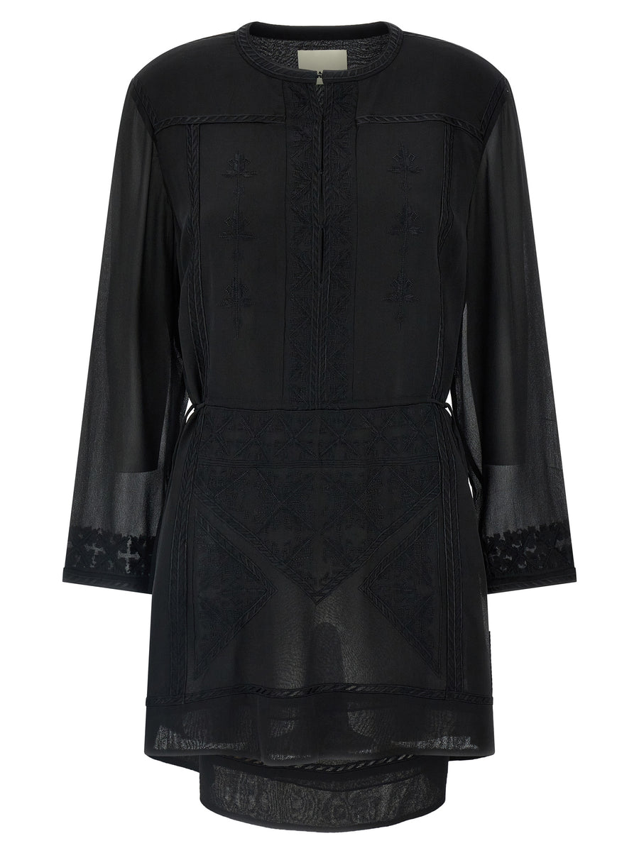 Isabel Marant Oaria Dress Black Silk Embroidered Mini With Front Cutout Drawstring Waist For Evening Wear
