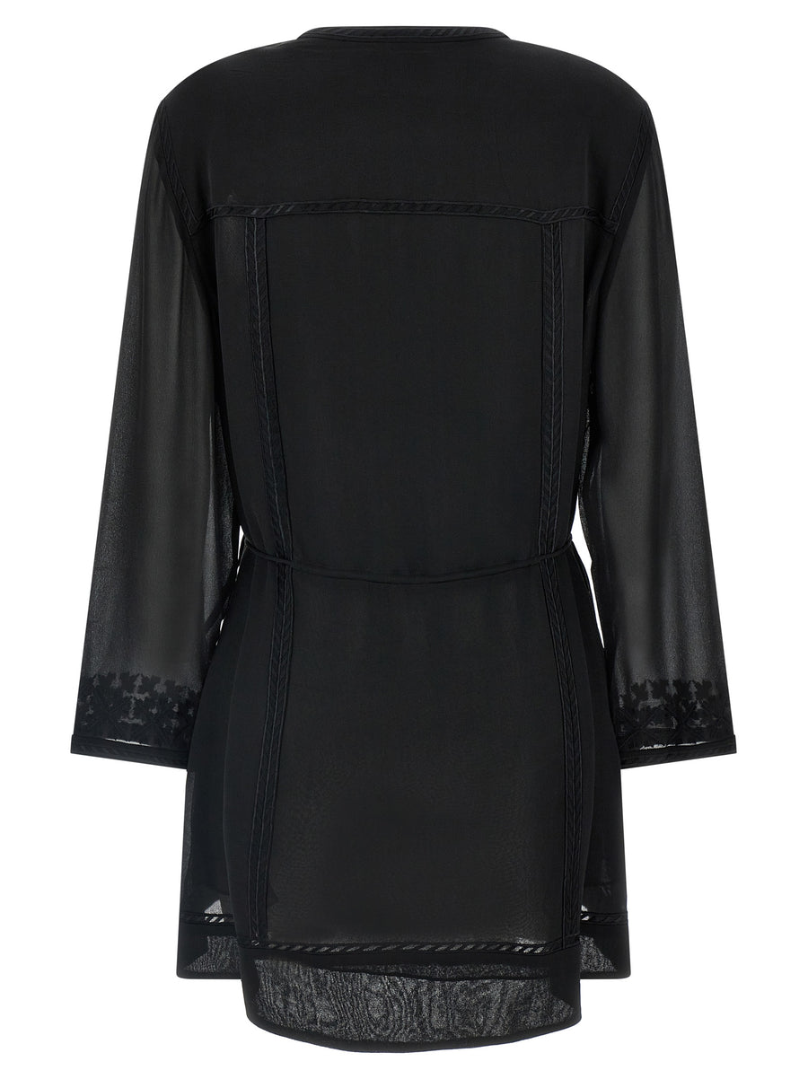 Isabel Marant Oaria Dress Black Silk Embroidered Mini With Front Cutout Drawstring Waist For Evening Wear