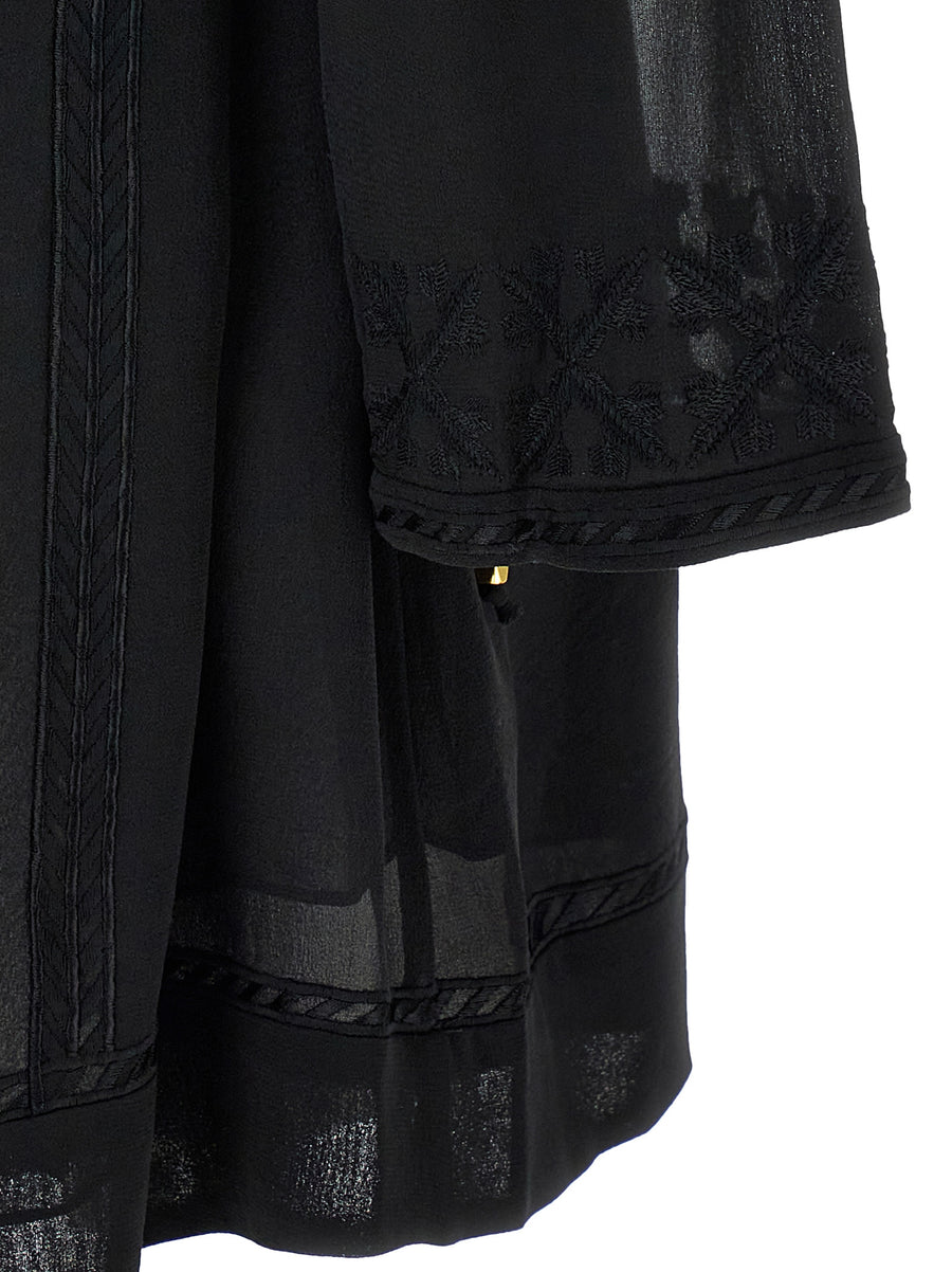 Isabel Marant Oaria Dress Black Silk Embroidered Mini With Front Cutout Drawstring Waist For Evening Wear