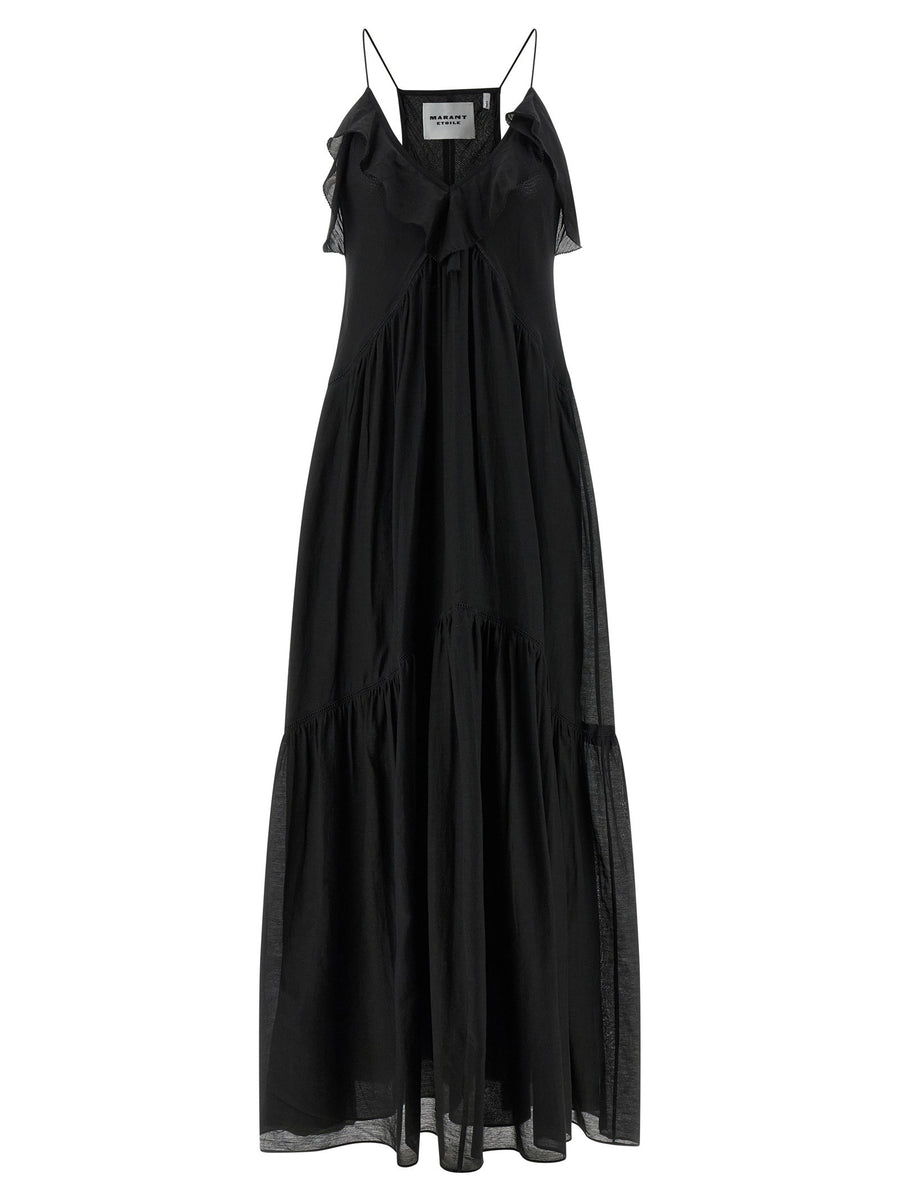 Marant Etoile Vasma Dress Black Cotton Voile With Crochet Ruffles