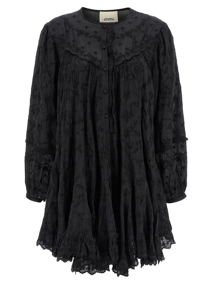 Isabel Marant Zame Dress Luxurious Black Cotton Silk Mini With Floral Embroidery For Women