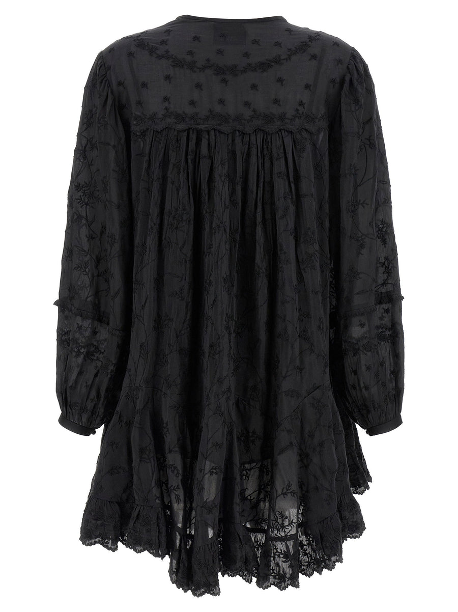 Isabel Marant Zame Dress Luxurious Black Cotton Silk Mini With Floral Embroidery For Women