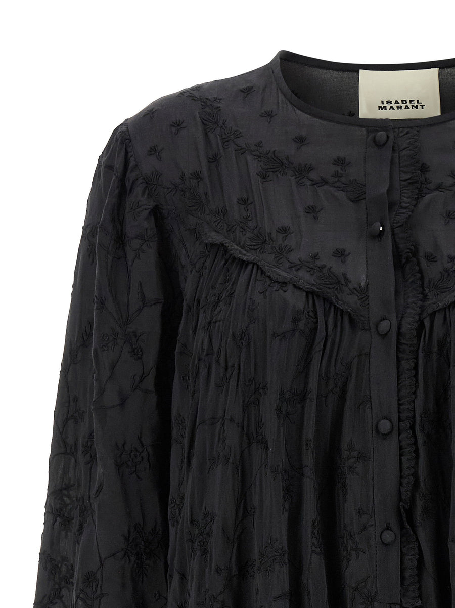 Isabel Marant Zame Dress Luxurious Black Cotton Silk Mini With Floral Embroidery For Women
