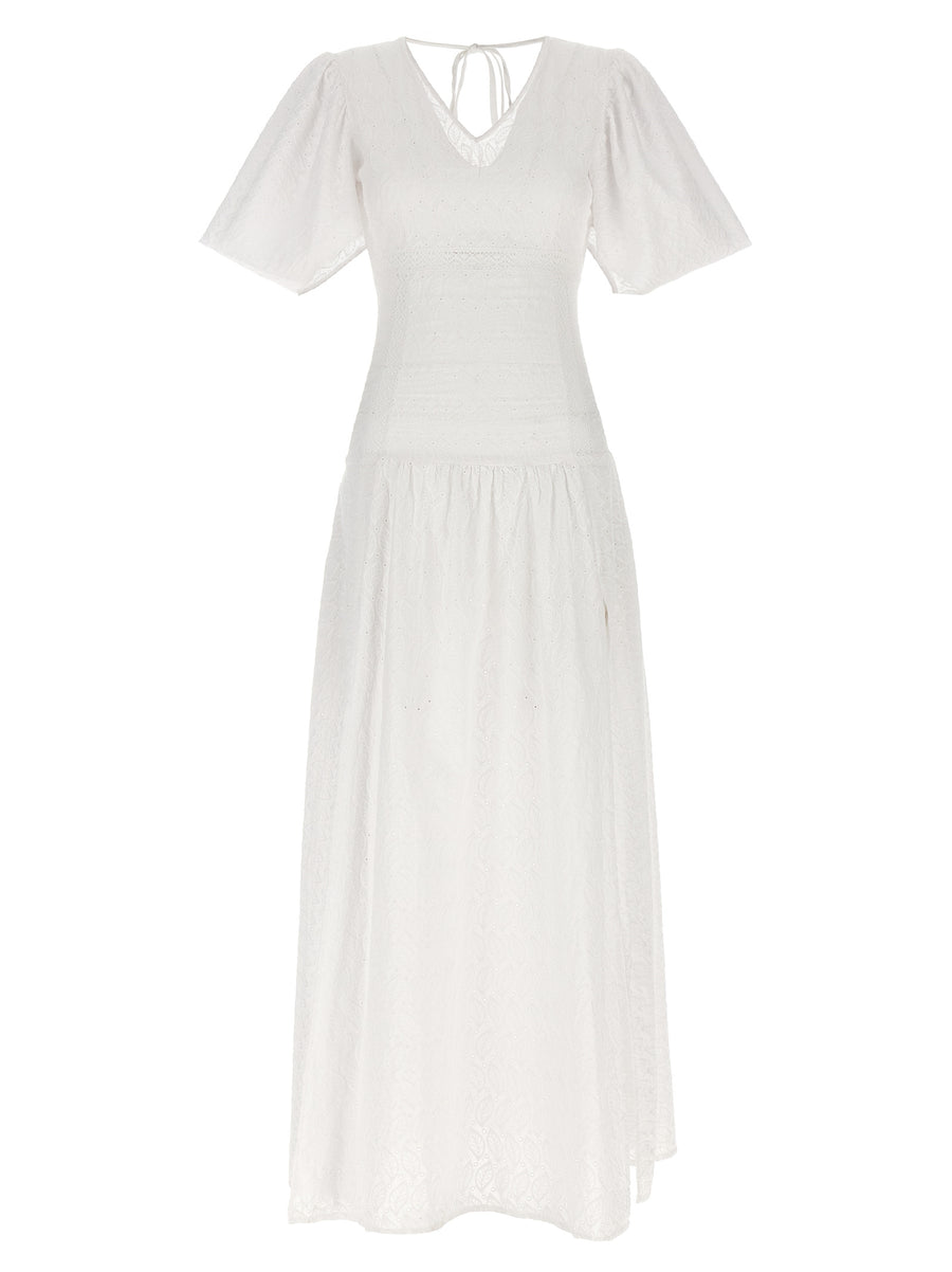 Le Twins Rosellina Dress White 100 Percent Cotton Broderie Anglaise V Neck With Pockets Elegant Everyday Wear For Women