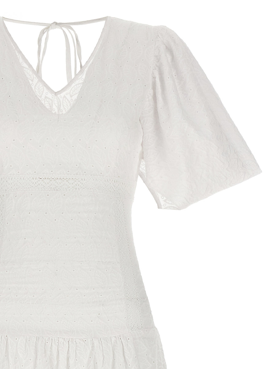Le Twins Rosellina Dress White 100 Percent Cotton Broderie Anglaise V Neck With Pockets Elegant Everyday Wear For Women
