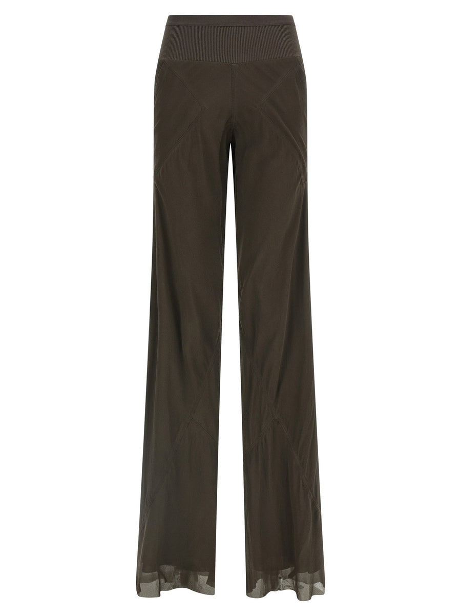 Rick Owens Bias Silk Pants For Women Luxury 100 Percent Silk Ribbed Elastic Waistband Flared Wide Leg Pockets