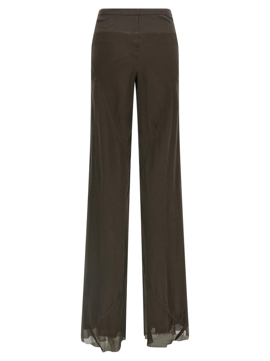 Rick Owens Bias Silk Pants For Women Luxury 100 Percent Silk Ribbed Elastic Waistband Flared Wide Leg Pockets
