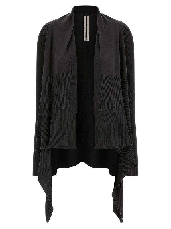 Rick Owens No Closure Wrap Cardigan For Women In 100 Percent Black Wool With Asymmetric Hem And Architectural Lines