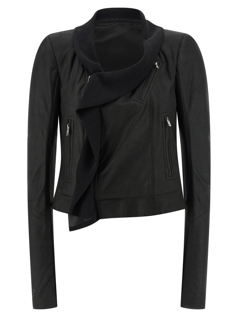 Rick Owens Scarf Biker Jacket Women Black Lambskin With Cropped Lining Shawl Collar Luxury