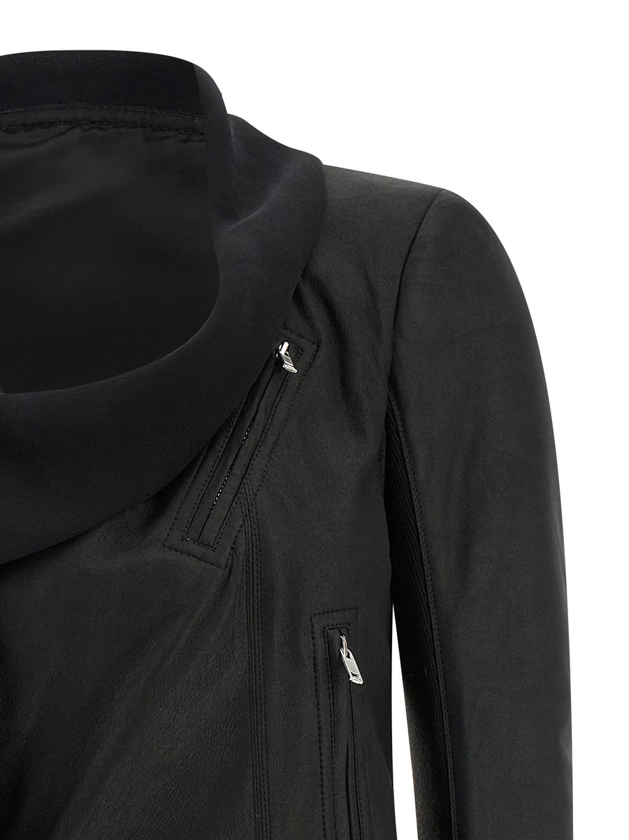Rick Owens Scarf Biker Jacket Women Black Lambskin With Cropped Lining Shawl Collar Luxury