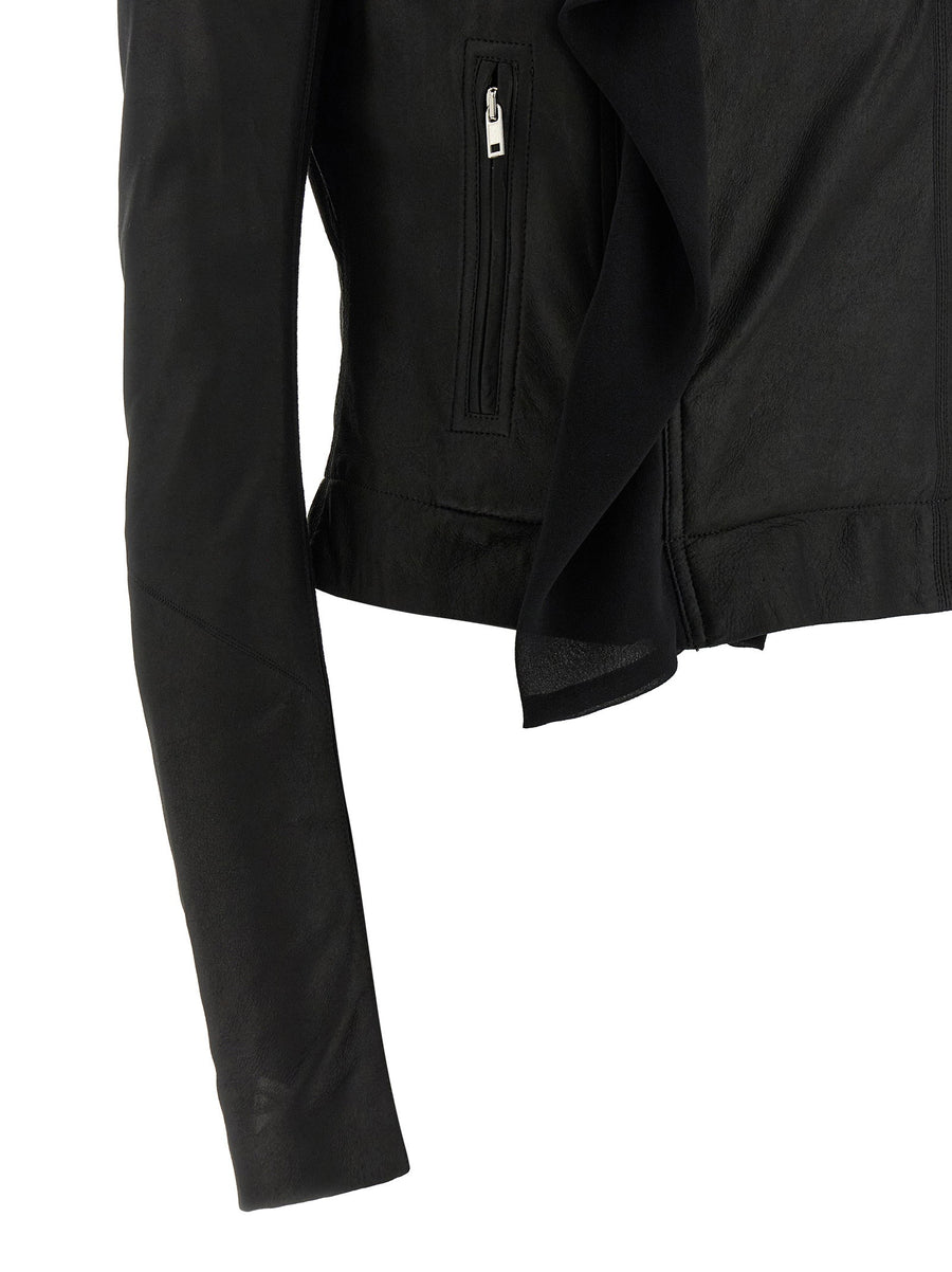 Rick Owens Scarf Biker Jacket Women Black Lambskin With Cropped Lining Shawl Collar Luxury