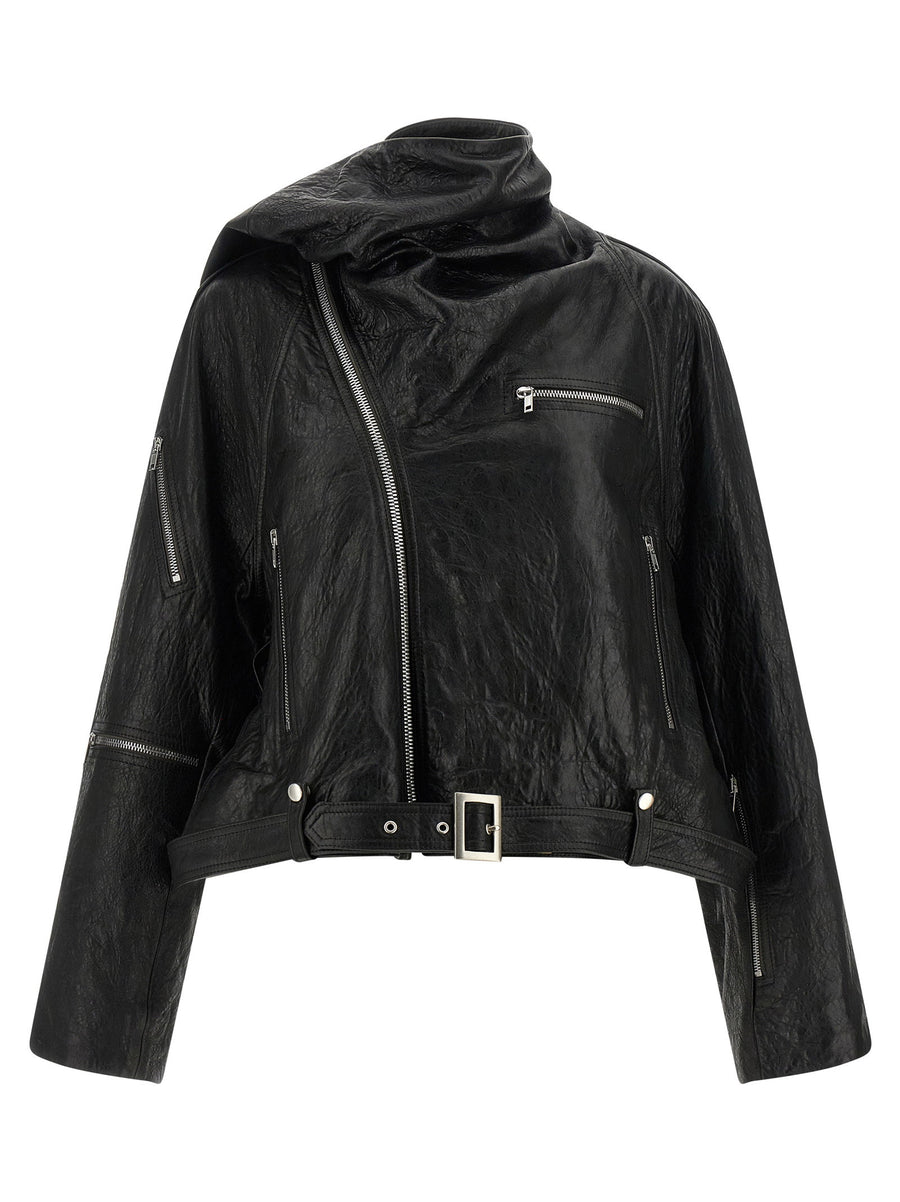 Rick Owens Cropped Scarf Flight Jacket For Women Sculptural Vegetable Tanned Lambskin Leather Aniline Finish