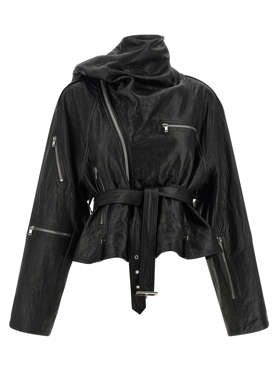 Rick Owens Cropped Scarf Flight Jacket For Women Sculptural Vegetable Tanned Lambskin Leather Aniline Finish