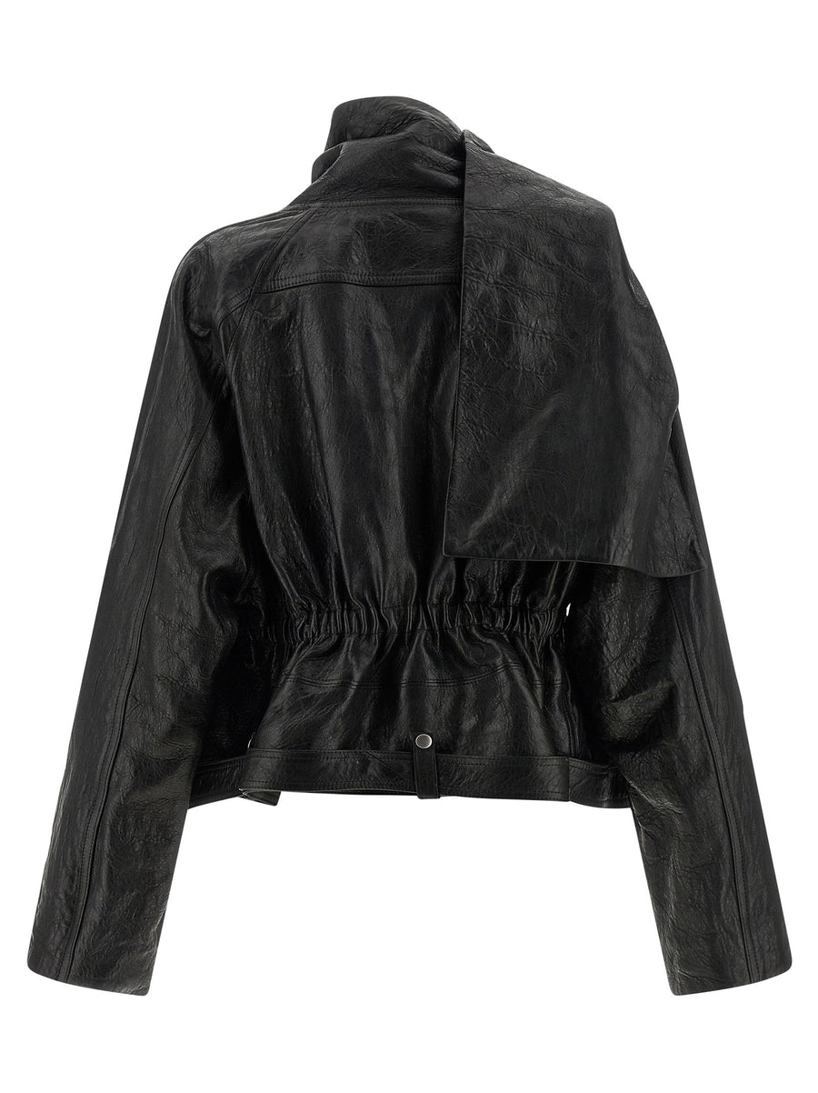 Rick Owens Cropped Scarf Flight Jacket For Women Sculptural Vegetable Tanned Lambskin Leather Aniline Finish