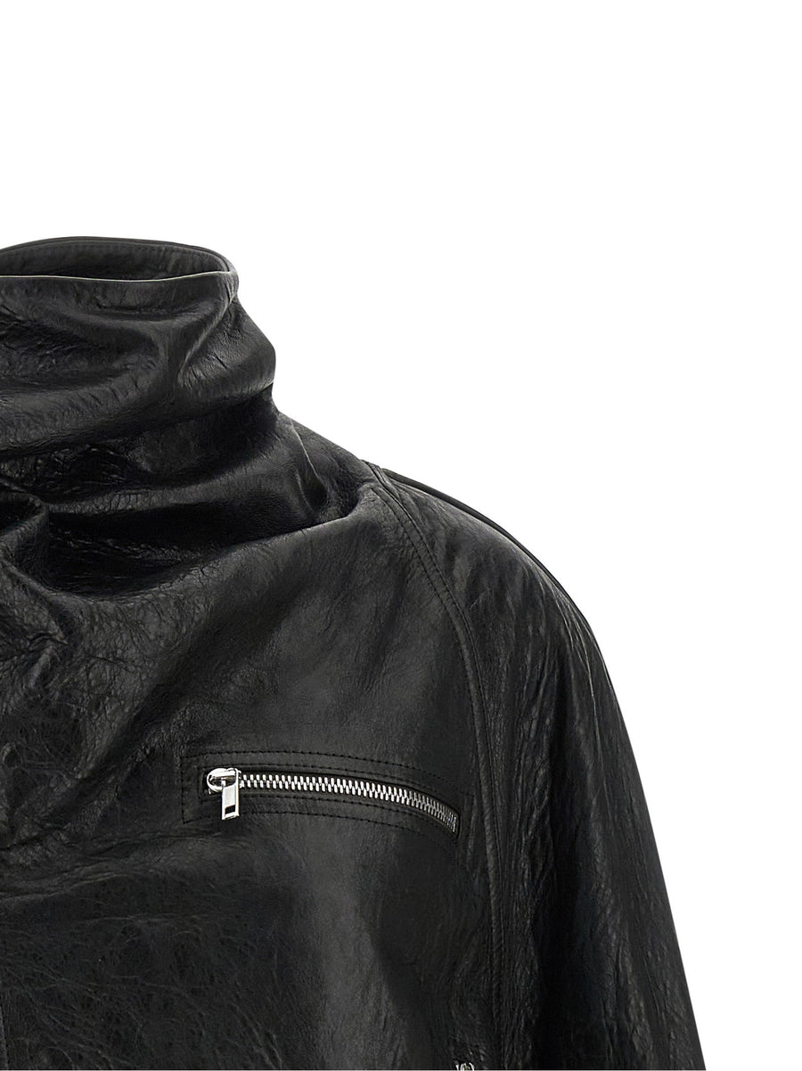 Rick Owens Cropped Scarf Flight Jacket For Women Sculptural Vegetable Tanned Lambskin Leather Aniline Finish
