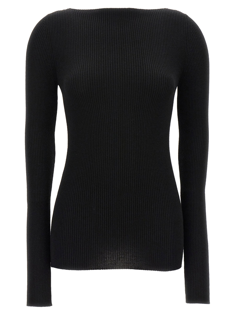 Rick Owens Al Top Sweater For Women Lux Wool Ribbed Boat Neck Back Cutout Designer Luxury Knitwear Everyday Style