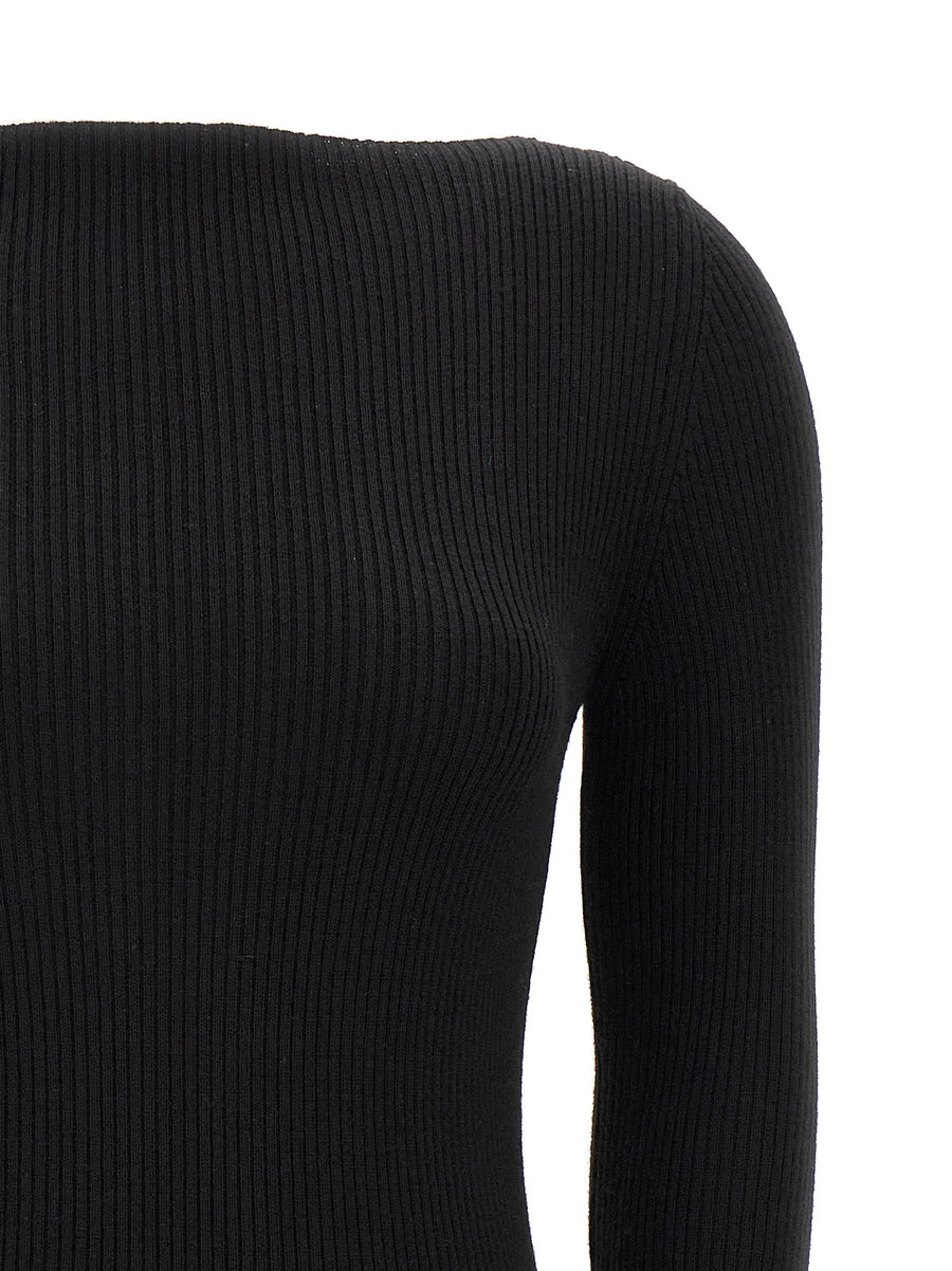 Rick Owens Al Top Sweater For Women Lux Wool Ribbed Boat Neck Back Cutout Designer Luxury Knitwear Everyday Style