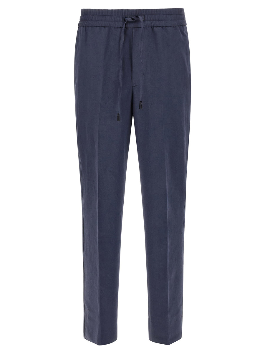 Brioni Asolo Linen Cotton Blend Trousers For Women Blue With Drawstring Waist