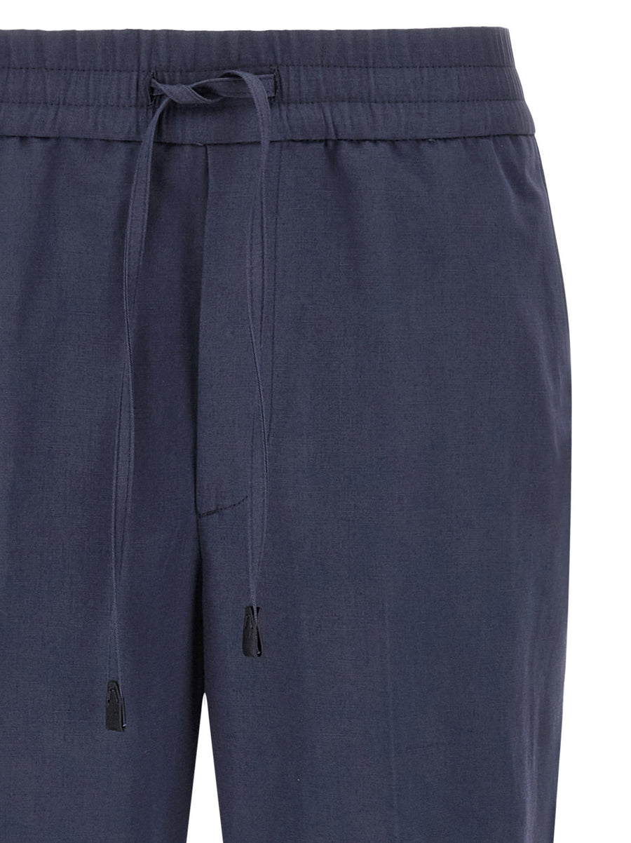 Brioni Asolo Linen Cotton Blend Trousers For Women Blue With Drawstring Waist