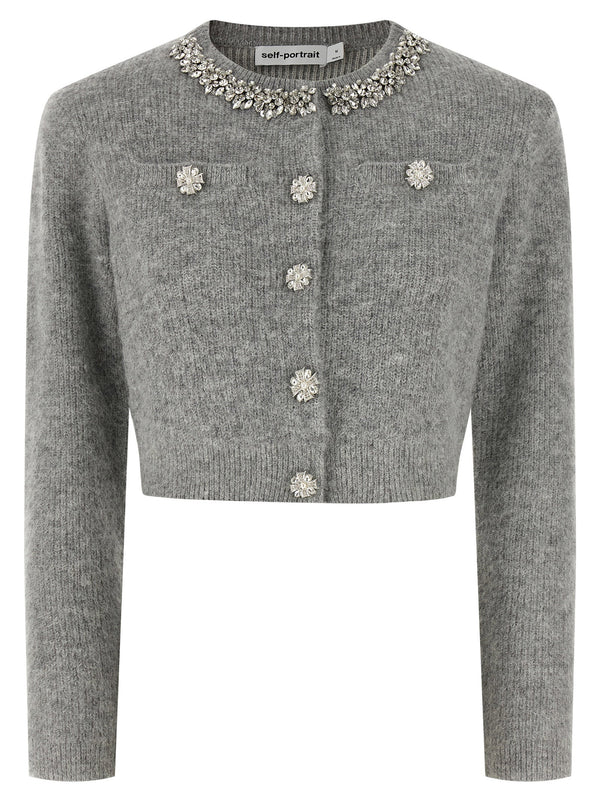 Self Portrait Grey Fluffy Crystal Trim Cardigan For Women Luxury Knitwear With Subtle Sparkle
