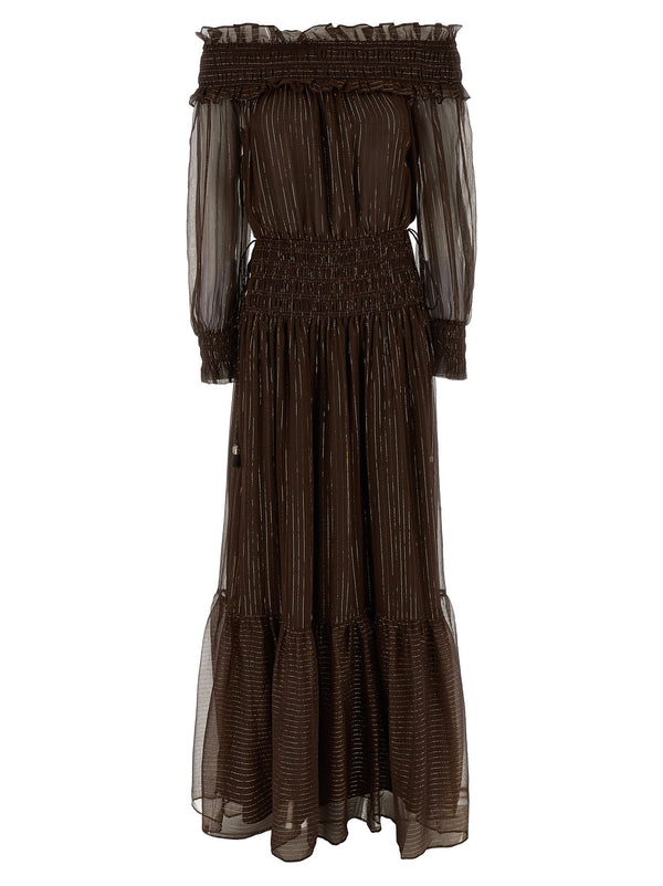 Self-Portrait Brown Georgette Off Shoulder Maxi Dress