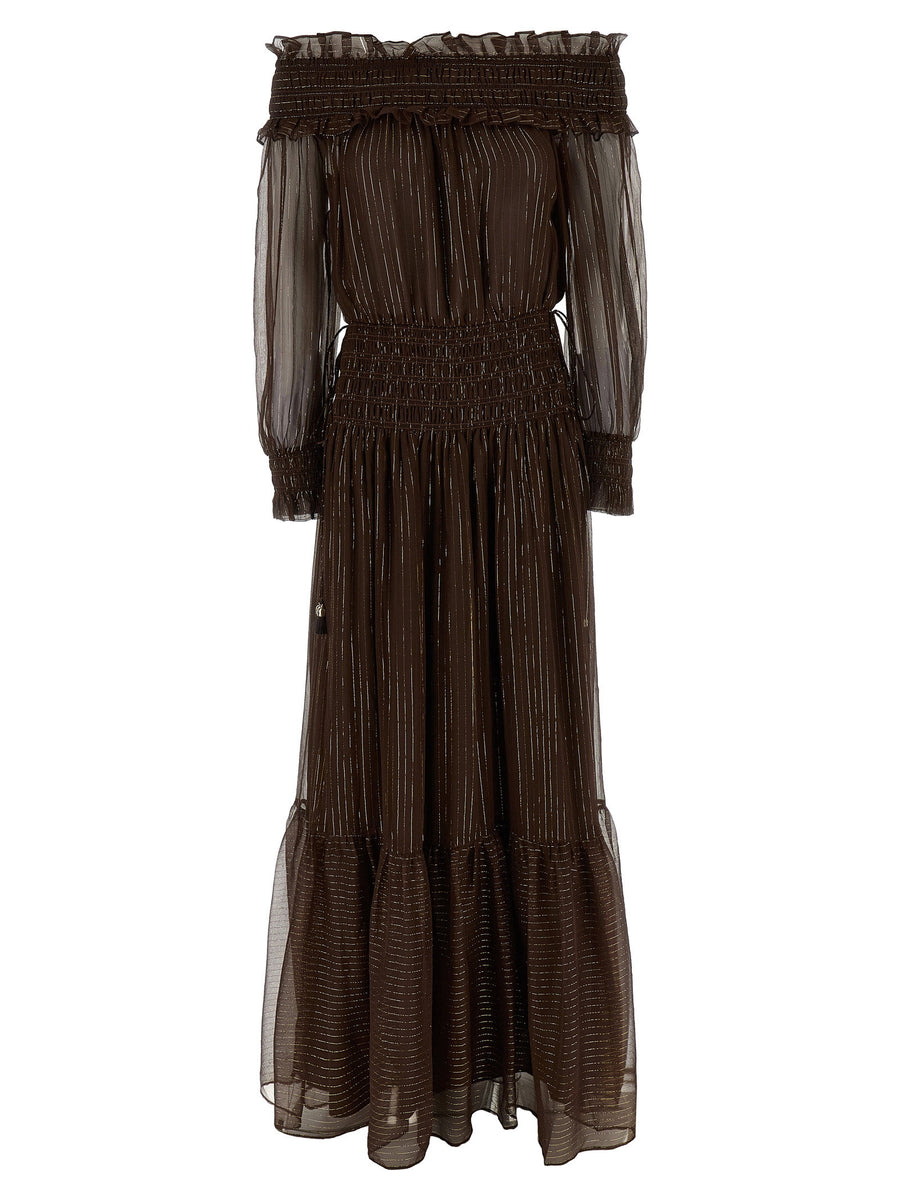 Self-Portrait Brown Georgette Off Shoulder Maxi Dress