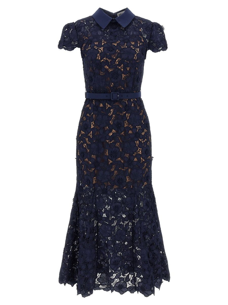 Self-Portrait Navy Guipure Lace Midi Dress