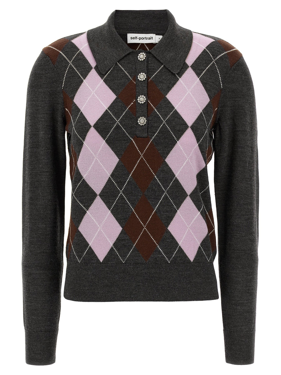Self-Portrait Grey Argyle Lightweight Wool Sweater for Women With Jewel Collar Embroidery Office Wear