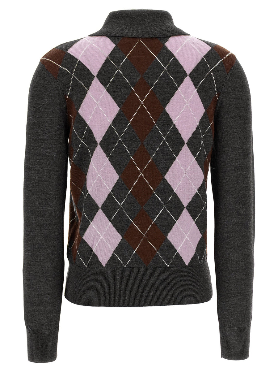 Self-Portrait Grey Argyle Lightweight Wool Sweater for Women With Jewel Collar Embroidery Office Wear