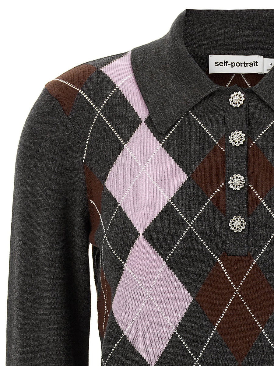 Self-Portrait Grey Argyle Lightweight Wool Sweater for Women With Jewel Collar Embroidery Office Wear