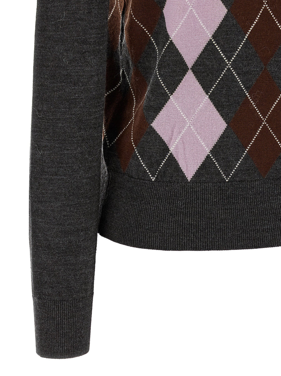 Self-Portrait Grey Argyle Lightweight Wool Sweater for Women With Jewel Collar Embroidery Office Wear