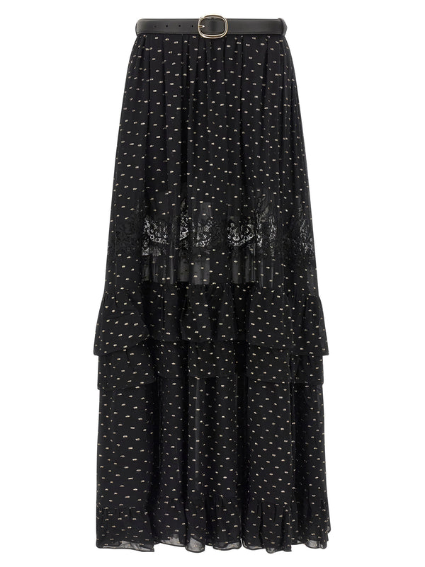 Self-Portrait Black And Gold Chiffon Lace Maxi Skirt