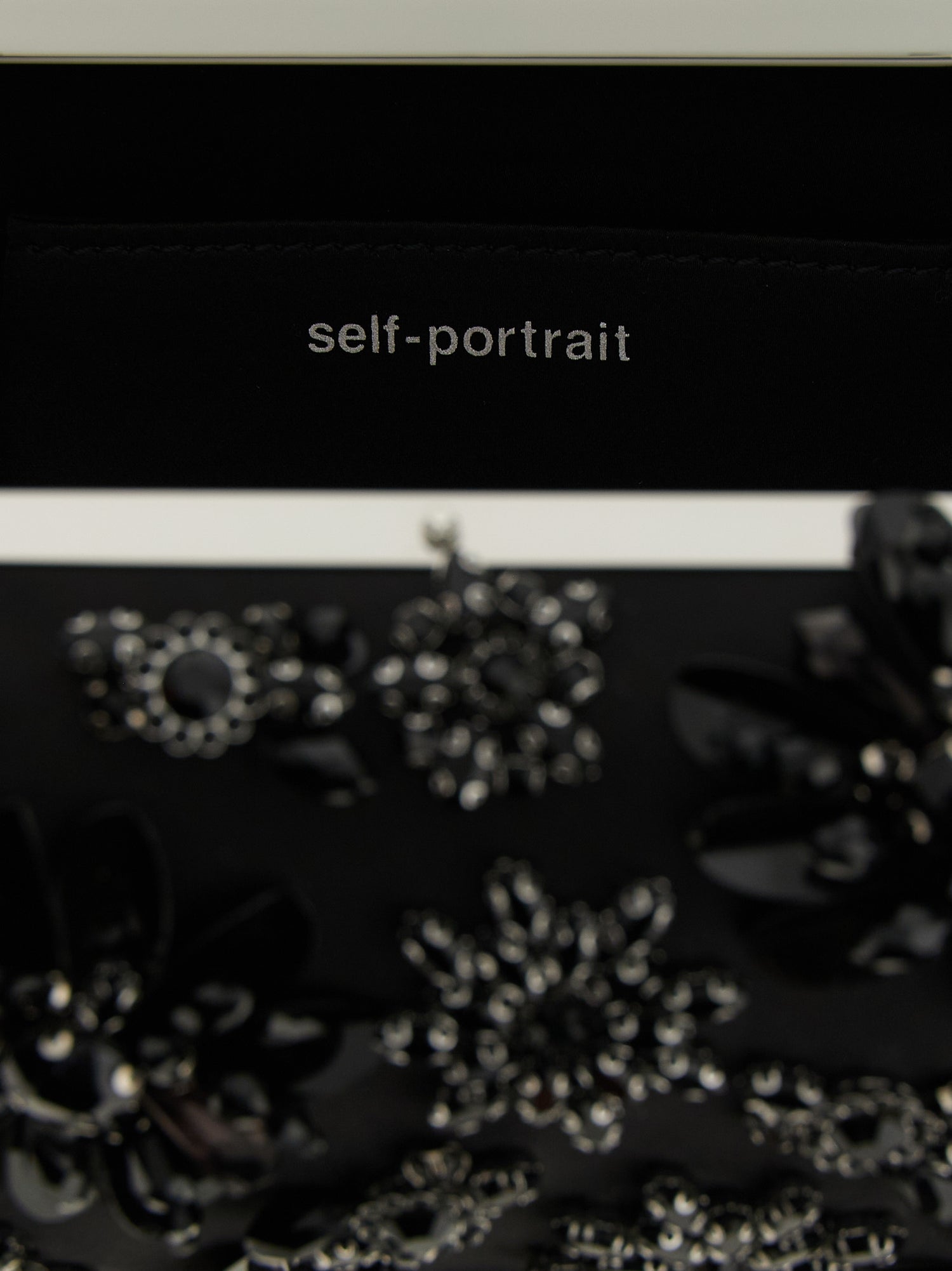 Self-Portrait Black Satin Floral Crystal Clutch