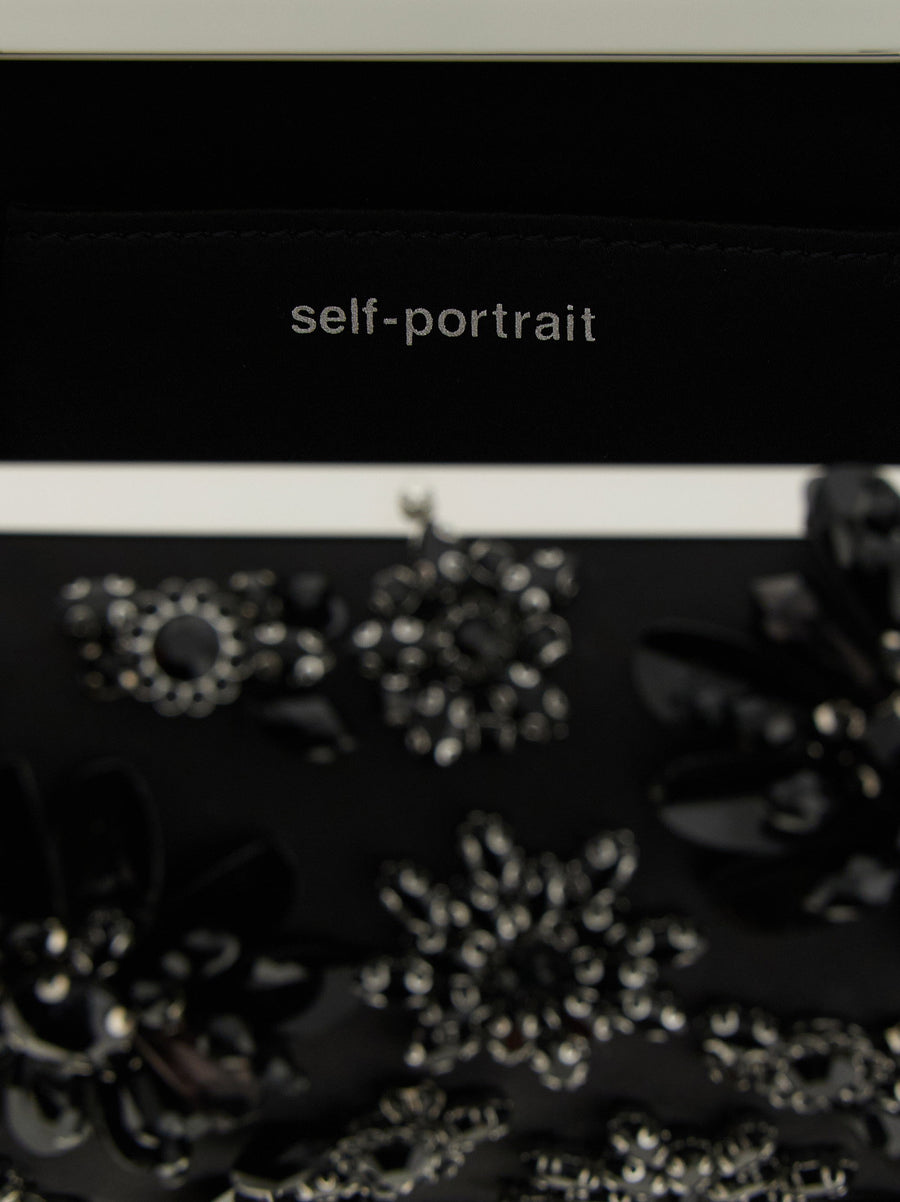 Self-Portrait Black Satin Floral Crystal Clutch