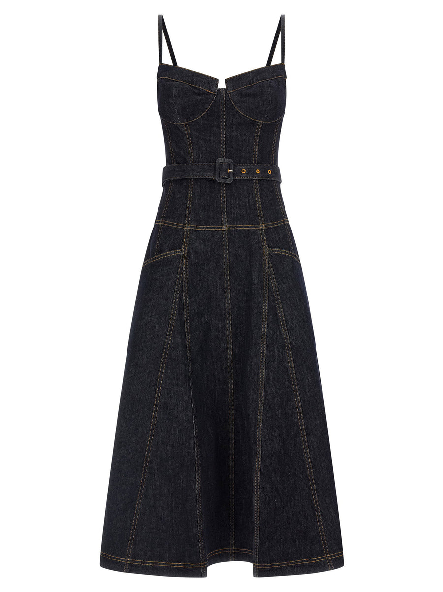 Self-Portrait Indigo Denim Flared Midi Dress