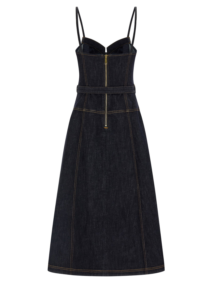 Self-Portrait Indigo Denim Flared Midi Dress