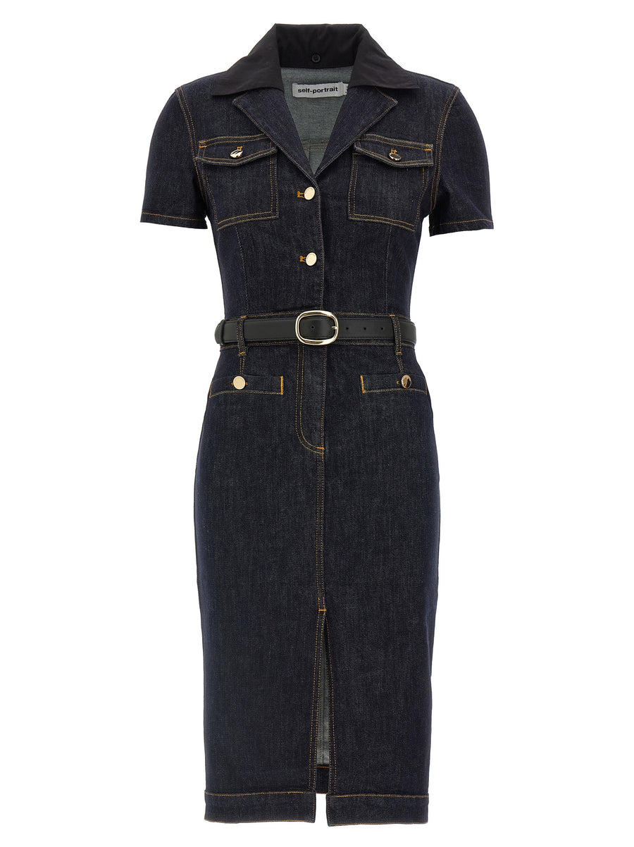 Self-Portrait Indigo Denim Midi Dress For Women Removable Collar And Contrast Stitching, Effortless Day-To-Night Style