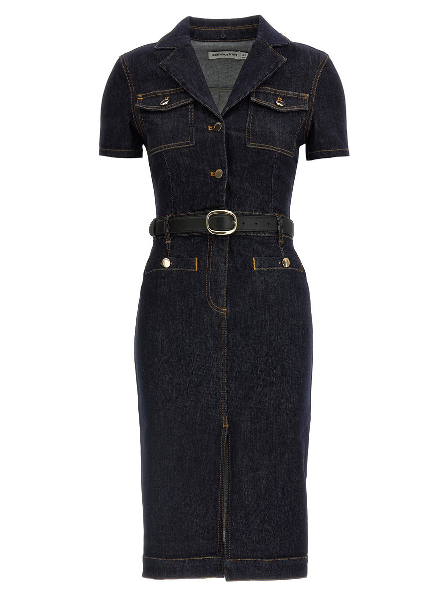 Self-Portrait Indigo Denim Midi Dress For Women Removable Collar And Contrast Stitching, Effortless Day-To-Night Style