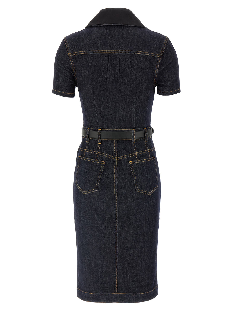 Self-Portrait Indigo Denim Midi Dress For Women Removable Collar And Contrast Stitching, Effortless Day-To-Night Style