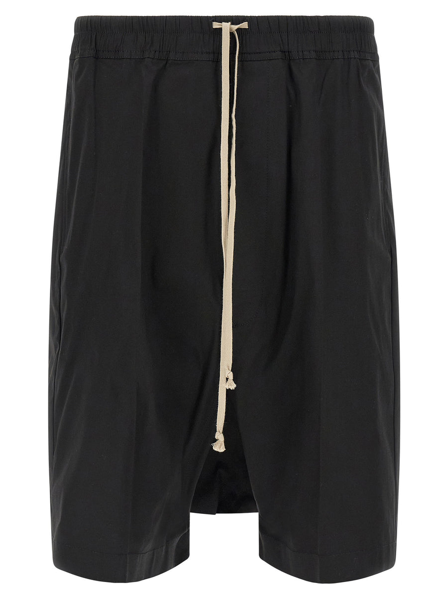 Rick Owens Bermuda Shorts Rick S Pods Black Cotton Poplin Unisex Drawstring Waist Modern Minimalist Luxury