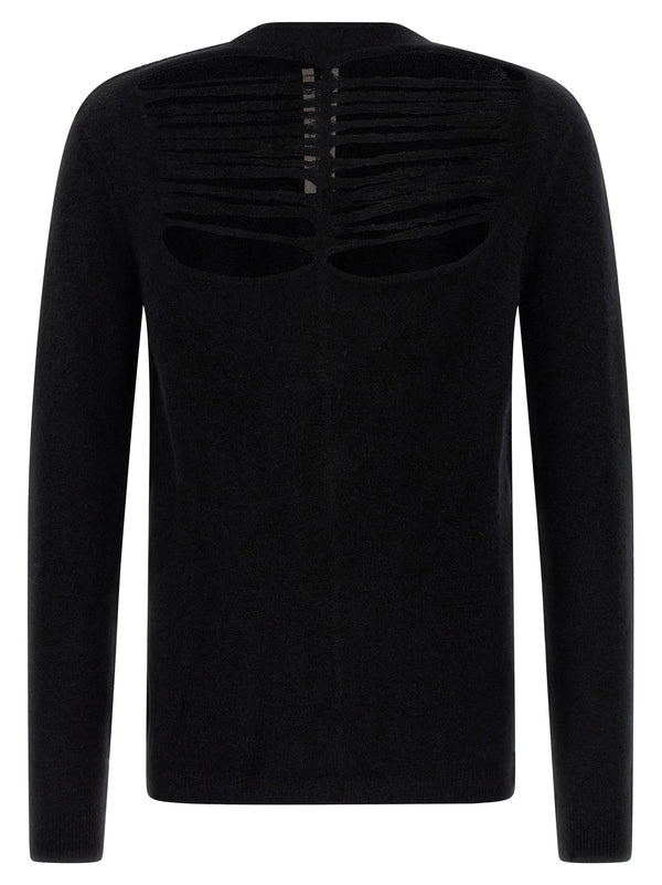 Rick Owens Mens Knit Top With Sculptural Front Cutout And Boat Neck Black Premium Alpaca Wool Blend