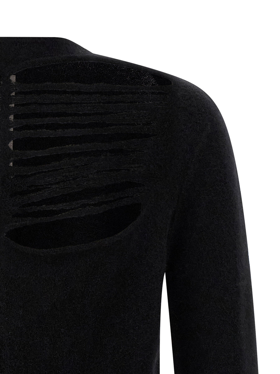 Rick Owens Mens Knit Top With Sculptural Front Cutout And Boat Neck Black Premium Alpaca Wool Blend