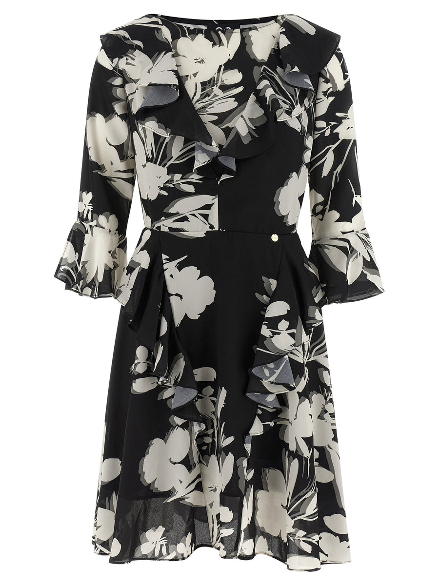 Catalina Floral Georgette Midi Dress White Black With Ruffle Inserts