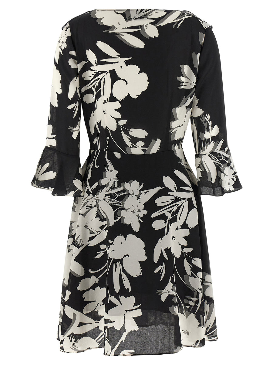 Catalina Floral Georgette Midi Dress White Black With Ruffle Inserts