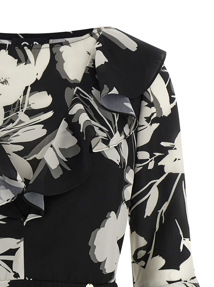 Catalina Floral Georgette Midi Dress White Black With Ruffle Inserts