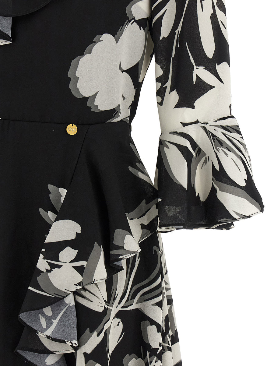 Catalina Floral Georgette Midi Dress White Black With Ruffle Inserts